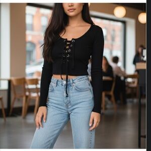 Vintage Crop Black Lace-Up Long Sleeve Top